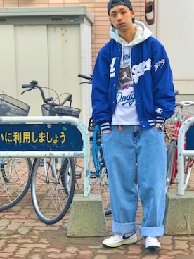 「STARTER（スターター）のアイテム（ナイロンジャケット）」を使った、Gilberさん（メンズ・178cm）の春コーディネート