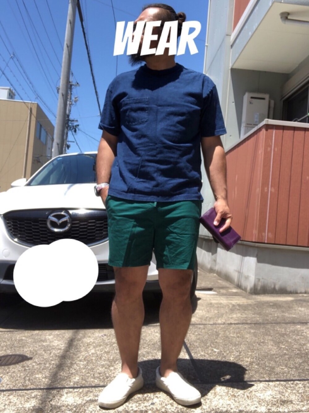 「おしゃれさんと繋がりたい、コメント イイね 待ってまーす！、いいね、save、フォローお願いします🤑、シンプル、シンプルコーデ、カジュアル、カジュアルコーデ、オトナカジュアル、でぶ、ショートパンツ」｜「GAPの厚手半袖ポケットTシャツ（Tシャツ/カットソー、ブルー系）」を使った、musashi634さん（メンズ・172cm）の夏コーディネートの1枚目の写真