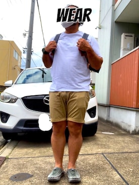 「patagonia（パタゴニア）のパタゴニア / メンズ・P-6ロゴ・レスポンシビリティー（Tシャツ/カットソー、ホワイト系）」を使った、musashi634さん（メンズ・172cm）の夏コーディネート