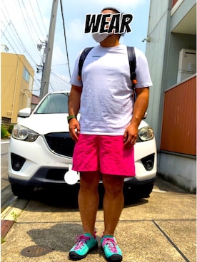 「patagonia（パタゴニア）のパタゴニア / メンズ・P-6ロゴ・レスポンシビリティー（Tシャツ/カットソー、ホワイト系）」を使った、musashi634さん（メンズ・172cm）の夏コーディネート