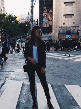「ZARA（ザラ）のアイテム（ライダースジャケット、ブラック系）」を使った、Yu Matsumotoさん（レディース・166cm）の秋コーディネート