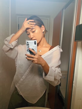 「mystic（ミスティック）のシアービッグシャツ（シャツ/ブラウス、グレー系）」を使った、Yu Matsumotoさん（レディース・166cm）の秋コーディネート