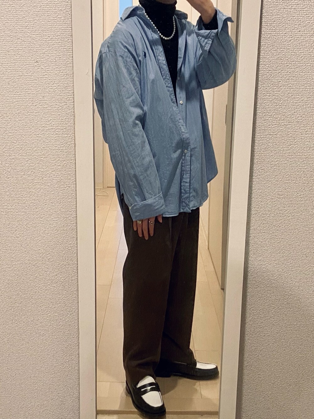 「大人カジュアル、古着、オーバーサイズ、ootd」｜「POLO RALPH LAURENのアイテム（シャツ/ブラウス、ブルー系）」を使った、Don'tFollowMeさん（メンズ・165cm）の冬コーディネートの1枚目の写真