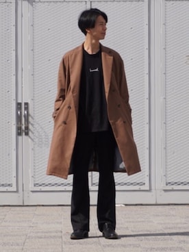 「CASPER JOHN（キャスパージョン）のCasper John　ドロップショルダーWチェスターコート（チェスターコート、ブラウン系）」を使った、かさいさん（メンズ・181cm）の春コーディネート
