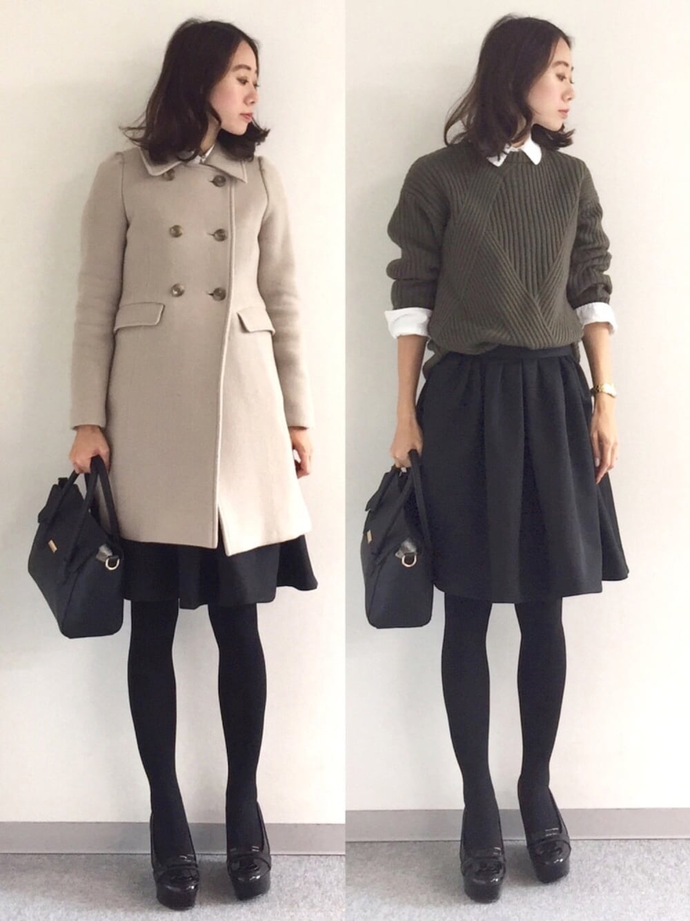 グリーン系のニット/セーター、ホワイト系のシャツ/ブラウス、ブラック系のスカートを着用したレディースの冬コーディネートの1枚目の写真