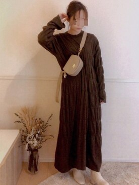 「CAPRICIEUX LE'MAGE（カプリシューレマージュ）のティアードニットワンピース（ワンピース、ブラウン系）」を使った、himeko...さん（レディース・153cm）の冬コーディネート