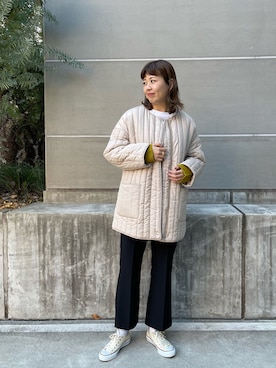 「DISCOAT（ディスコート）のアイテム（ノーカラーコート）」を使った、akariさん（レディース・167cm）の冬コーディネート