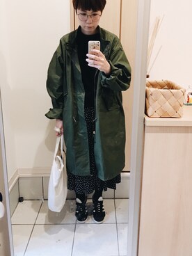 「ドットスカート」｜「アイテム（モッズコート）」を使った、rieさん（レディース・160cm）の春コーディネート