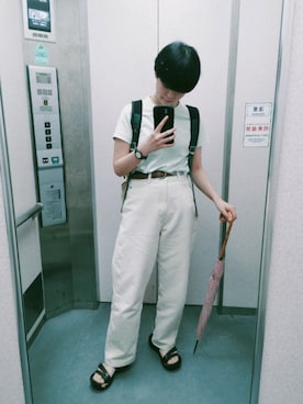 「UNIQLO（ユニクロ）のスーピマコットンクルーネックT（半袖）（Tシャツ/カットソー）」を使った、もけろさん（レディース・159cm）の夏コーディネート