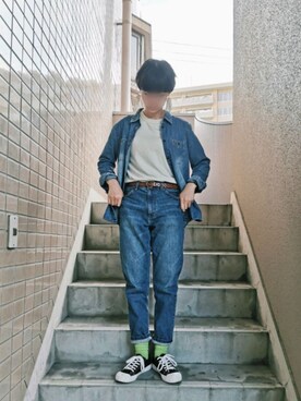 「UNIQLO（ユニクロ）のスーピマコットンクルーネックT（半袖）（Tシャツ/カットソー）」を使った、もけろさん（レディース・159cm）の夏コーディネート