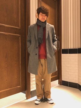 「RAGEBLUE（レイジブルー）のアイテム（チェスターコート）」を使った、柿山翼さん（メンズ・170cm）の冬コーディネート