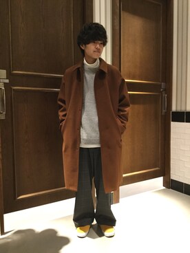 「RAGEBLUE（レイジブルー）のアイテム（ステンカラーコート）」を使った、柿山翼さん（メンズ・170cm）の冬コーディネート