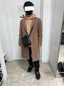 「JUNRED（ジュンレッド）のアイテム（チェスターコート）」を使った、ニカオさん（メンズ・165cm）の冬コーディネート