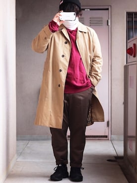 「Champion」｜「アイテム（ステンカラーコート）」を使った、たくちゃん𓃟さん（メンズ・170cm）の冬コーディネート