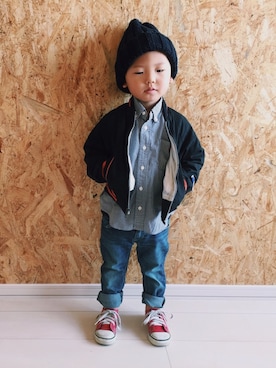 「アイテム（スタジャン）」を使った、MUGさん（キッズ・90cm）の春コーディネート