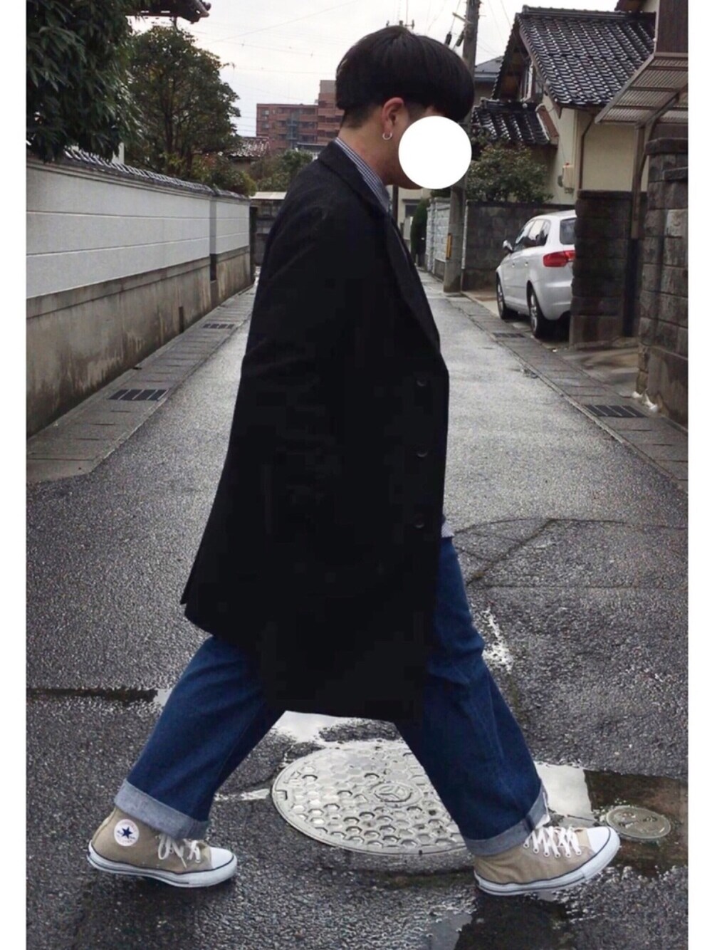 「おしゃれさんと繋がりたい、冬、GU、Junred、コンバース、リドム、低身長、ワイドデニム、チェスターコート」｜「GUのアイテム（チェスターコート、ブラック系）」を使った、ＴａＫｕ🥑さん（メンズ・167cm）の冬コーディネートの1枚目の写真