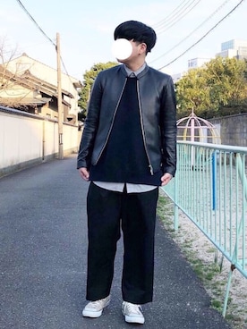 「ニットベスト」｜「アイテム（ライダースジャケット）」を使った、ＴａＫｕ🥑さん（メンズ・168cm）の春コーディネート