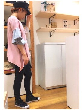 「ブラック」｜「アイテム（キャスケット）」を使った、14+ くずはモール店 スタッフさん（レディース・160cm）の夏コーディネート