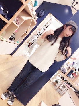 「14+（イチヨンプラス）のアイテム（ニットキャップ/ビーニー）」を使った、14+ くずはモール店 スタッフさん（レディース・160cm）の秋コーディネート