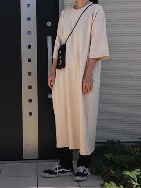 「Chaco closet（チャコ クローゼット）のバルーンスリーブ7分袖ポケット付きミニ裏毛Aラインスウェットワンピース（ワンピース）」を使った、maco..さん（レディース・160cm）の秋コーディネート