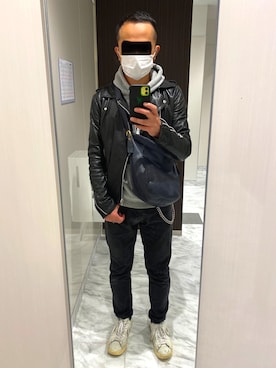 「オールドコーチ」｜「アイテム（ライダースジャケット）」を使った、タニさんさん（メンズ・169cm）の春コーディネート
