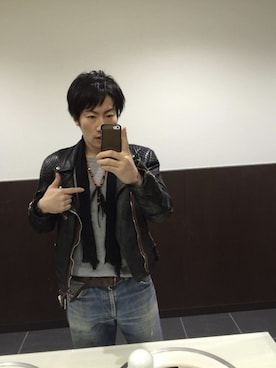 「no brand（ノーブランド）のアイテム（ライダースジャケット）」を使った、大森 和磨さん（メンズ・172cm）の冬コーディネート