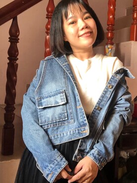 「GU（ジーユー）のアイテム（ジャケット/アウター、ブルー系）」を使った、Tâm Anh Momoさん（レディース）の冬コーディネート