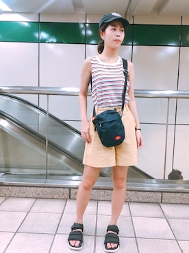 「roots（ルーツ）のアイテム（帽子）」を使った、Feniさん（レディース・158cm）の夏コーディネート