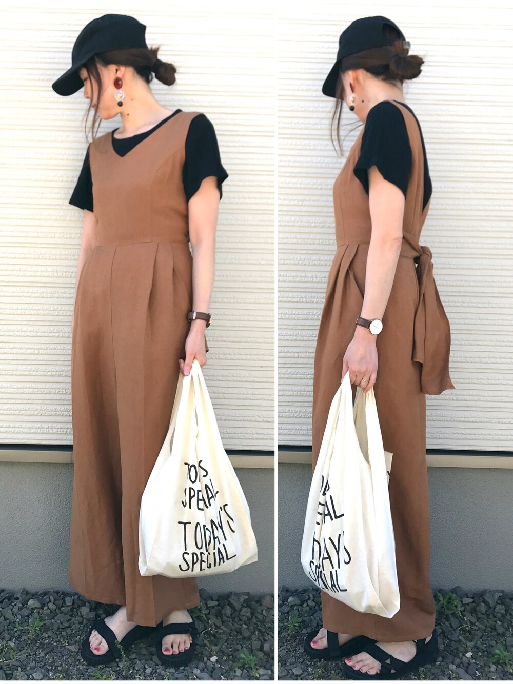 ブラック系のTシャツ/カットソー、イエロー系のサロペット/オーバーオール、ホワイト系のエコバッグ/サブバッグを着用したレディースの夏コーディネートの1枚目の写真