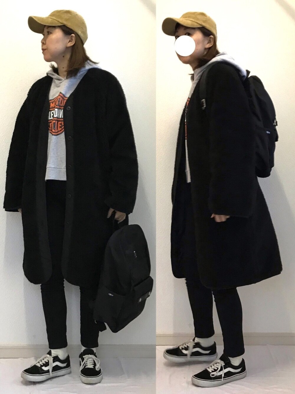 「ブラック、パーカー、スニーカーコーデ、カジュアル、キャップ、リュック、t2o、moz、ボアコート、スキニーパンツ」｜「TIENS ecouteのコーデュロイキャップ（キャップ、ベージュ系）」を使った、IKUmamaさん（レディース・159cm）の冬コーディネートの1枚目の写真