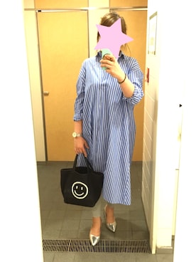 「レギンスコーデ」｜「アイテム（シャツワンピース）」を使った、かえるさん（レディース・162cm）の春コーディネート