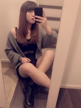 「select MOCA（セレクトモカ）のアンゴラ風モチモチ肌触り◆ルーズシルエットボリュームスリーブマーブルフロントボタン長袖ニットカーディガン（カーディガン/ボレロ、グレー系）」を使った、Ara°さん（レディース・160cm）の春コーディネート