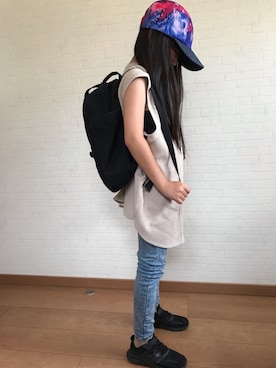 「DANTON（ダントン）のアイテム（バックパック/リュック、ブラック系）」を使った、nayu*さん（キッズ・140cm）の夏コーディネート