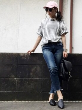 「Ungrid（アングリッド）のインディゴフレイドヘムストスリ（デニムパンツ）」を使った、ひめもんさん（レディース・154cm）の夏コーディネート