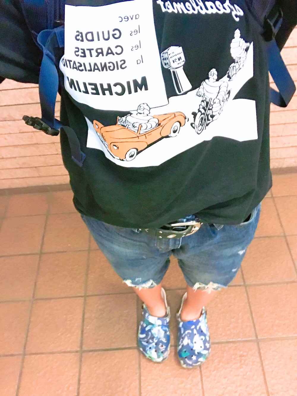 「夏コーデ、ラクチンコーデ、UNIQLO、THE NORTH FACE、クロックス、体育大生」｜「UNIQLOのアイテム（Tシャツ/カットソー、ブラック系）」を使った、なむ。さん（レディース・151cm）の夏コーディネートの1枚目の写真