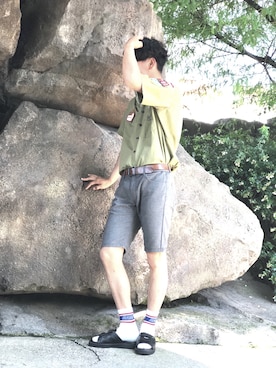 「MYne（マイン）のアイテム（サンダル）」を使った、サクさん（メンズ・175cm）の夏コーディネート