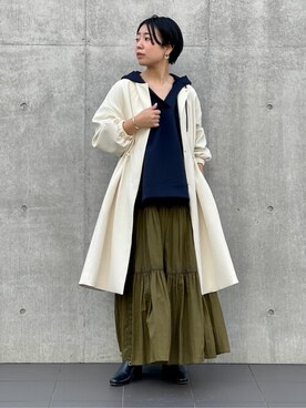 「ネイビー」｜「アイテム（ノーカラーコート）」を使った、norikoさん（レディース・160cm）の冬コーディネート
