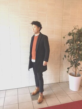 「MOUSSY（マウジー）のアイテム（チェスターコート）」を使った、tohruさん（メンズ・173cm）の冬コーディネート