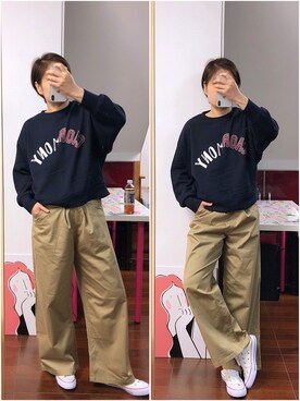 「OZOC（オゾック）のアイテム（パーカー）」を使った、AB型怪胎一枚さん（レディース・165cm）の春コーディネート