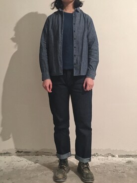 「MUJI Labo（ムジラボ）のアイテム（シャツ/ブラウス、ブルー系）」を使った、蓝山町さん（レディース）の春コーディネート