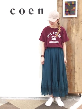 「coen（コーエン）のアイテム（キャップ）」を使った、coen よこやまさん（レディース・158cm）の夏コーディネート