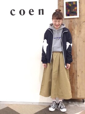 「coen」｜「アイテム（ナイロンジャケット）」を使った、coen よこやまさん（レディース・158cm）の冬コーディネート