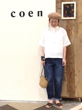 「coen（コーエン）のテーパードスリム5ポケットデニムパンツ（デニムパンツ）」を使った、coen よこやまさん（レディース・158cm）の夏コーディネート