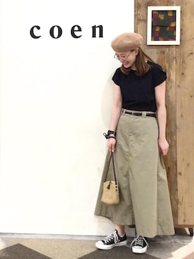 「coenスタッフスタイリング」｜「アイテム（ハンチング/ベレー帽）」を使った、coen よこやまさん（レディース・158cm）の夏コーディネート