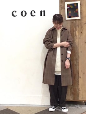 「coenスタッフスタイリング」｜「アイテム（ステンカラーコート）」を使った、coen よこやまさん（レディース・158cm）の秋コーディネート