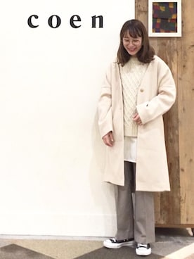 「coen（コーエン）のアイテム（ノーカラージャケット）」を使った、coen よこやまさん（レディース・158cm）の冬コーディネート