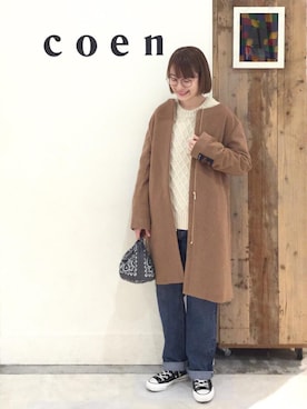 「coenスタッフスタイリング」｜「アイテム（ステンカラーコート）」を使った、coen よこやまさん（レディース・158cm）の冬コーディネート