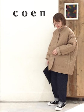 「coen（コーエン）のアイテム（ノーカラージャケット）」を使った、coen よこやまさん（レディース・158cm）の冬コーディネート