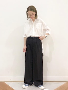 「coen（コーエン）のアイテム（スラックス）」を使った、coen よこやまさん（レディース・158cm）の夏コーディネート