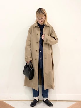 「coen（コーエン）のアイテム（ステンカラーコート）」を使った、coen よこやまさん（レディース・158cm）の冬コーディネート